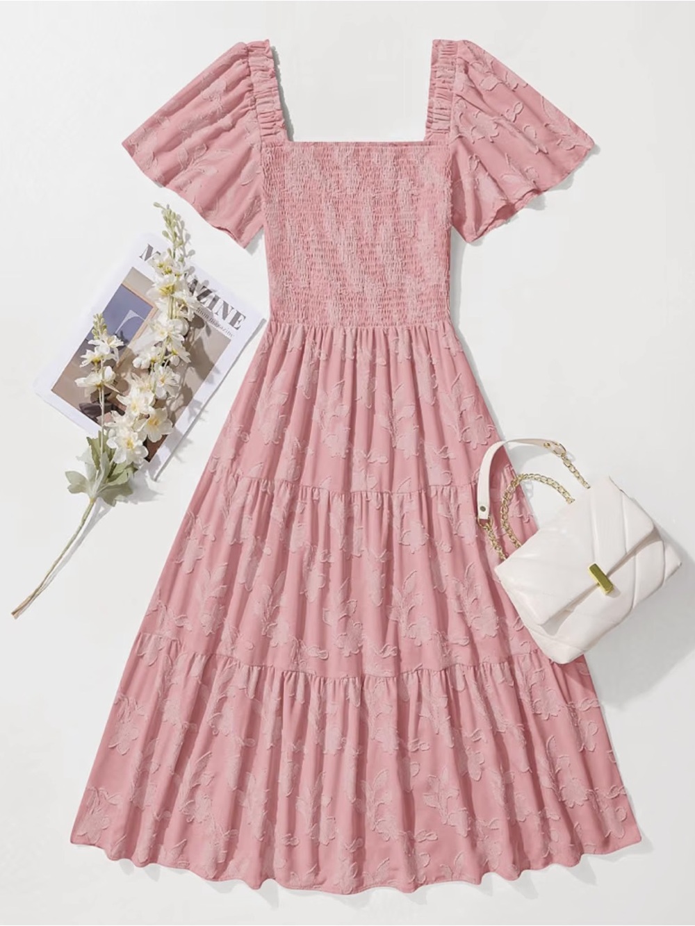 Women's Floral Pink Square Neck Tiered Midi Dress